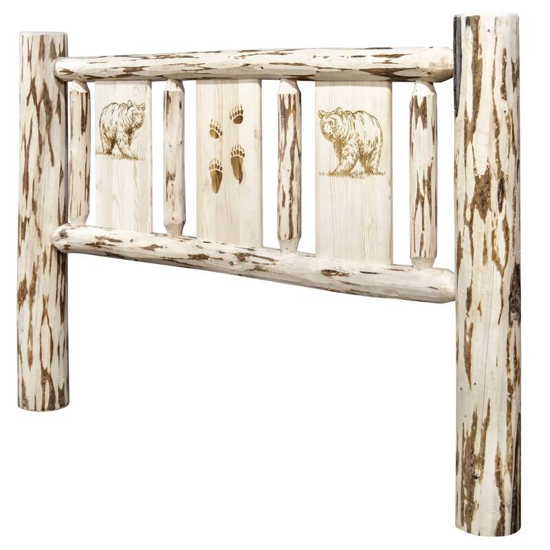 California King Size Headboard with Laser Engraved Wolf Design, Clear Lacquer Finish, Rustic Lodge Appeal