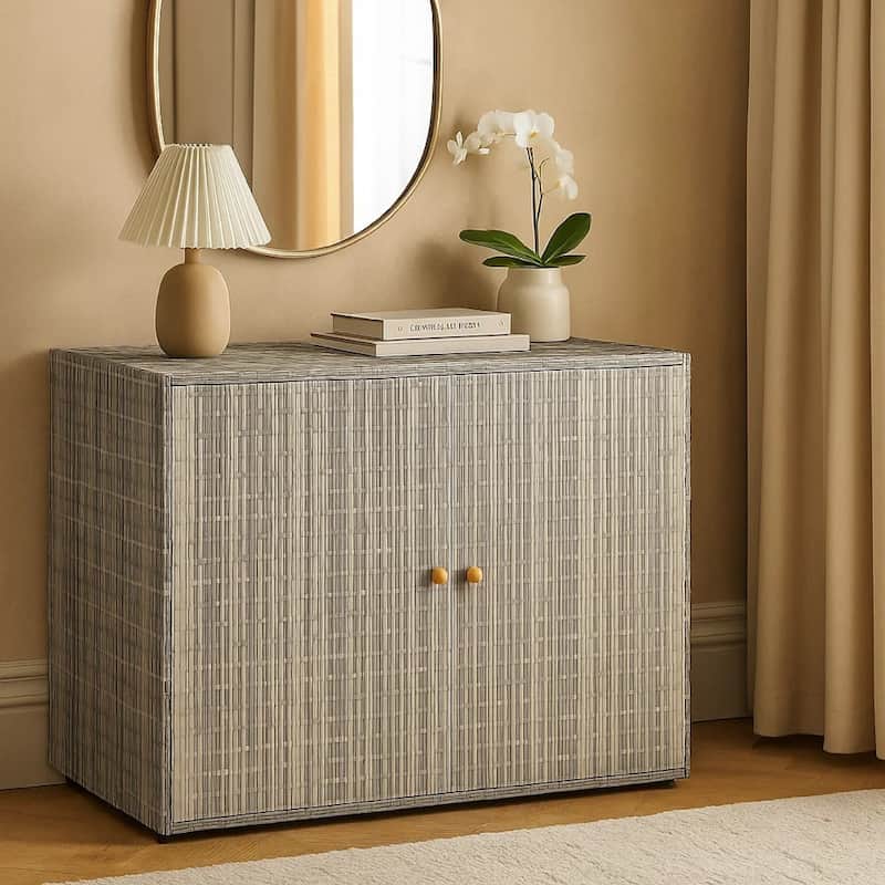 39 Inch Garden Storage Cabinet, 2 Doors, Gray Poly Rattan Body
