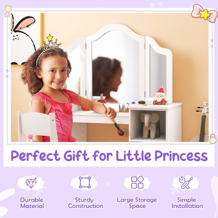 Kids Vanity Table and Chair Set with Removable Tri-Folding Mirror - 41" x 16" x 46"