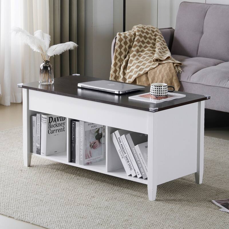 VINGLI Adjustable Solid Wood Leg Double-Layer White Frame Rectangular P2 Board Coffee Table