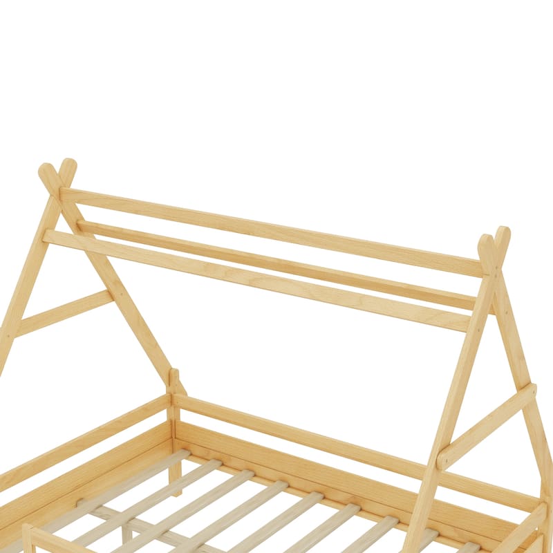 Roomfitters House Platform Bed with Stairs, Solid Wood Low Profile Frame with Roof Design for Playroom