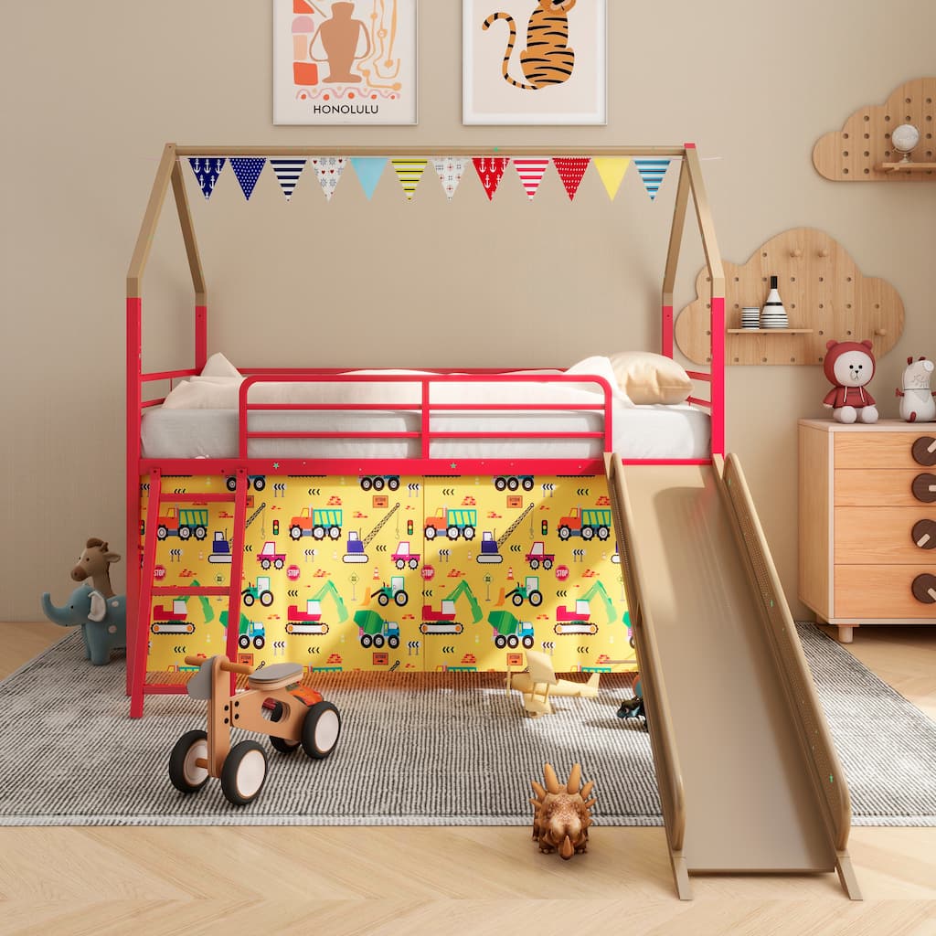 Superhero-Themed Kids' Twin Loft Bed with Slide and Safety Features