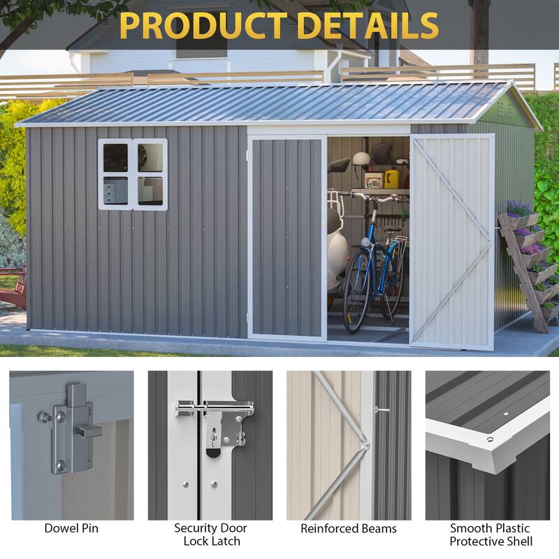 12x10 FT Outdoor Storage Shed Metal, Large Garden Tool Sheds Outdoor with Lockable Doors, Waterproof