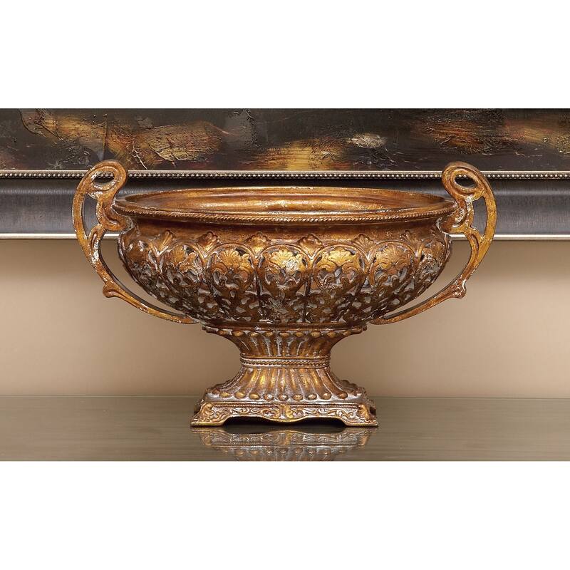 Gold Polystone Ornate Decorative Decorative Bowl with Handles