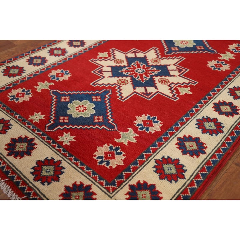 Red Kazak Foyer Rug Handmade Geometric Accent Wool Carpet - 2'8"x 3'9"