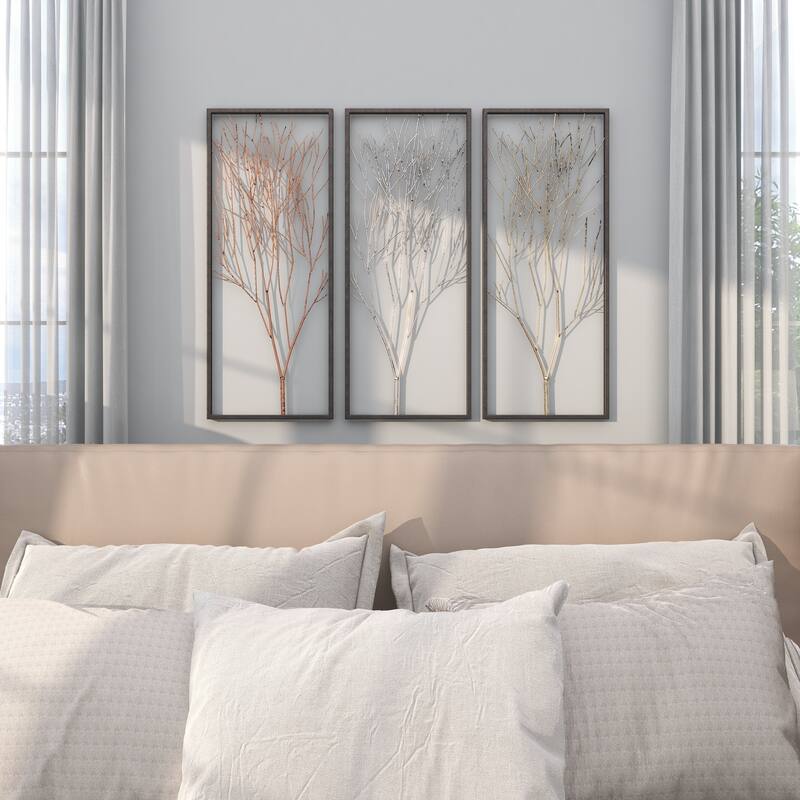 Black Metal Branch Tree Home Wall Decor with Metallic Copper, Silver, and Gold (Set of 3)