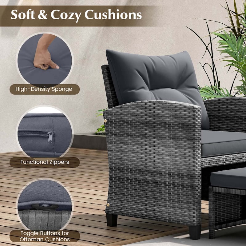 Gymax 5 PCS Rattan Furniture w/ 2 Ottomans & Tempered Glass Coffee