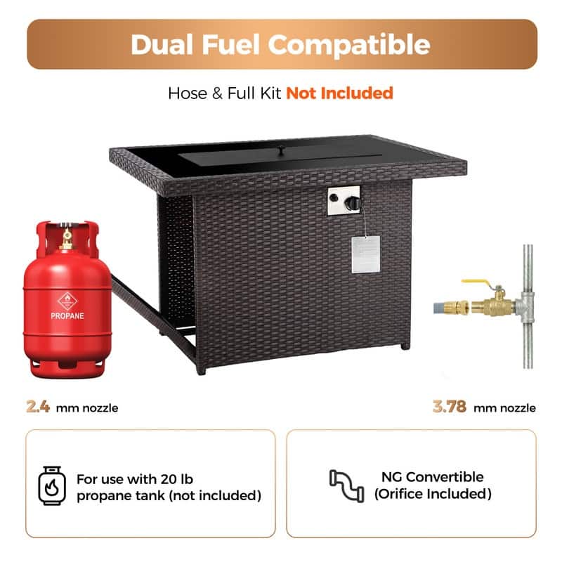 43" Wicker Outdoor Propane Fire Pit Table, 60,000 BTU, Wind Guard