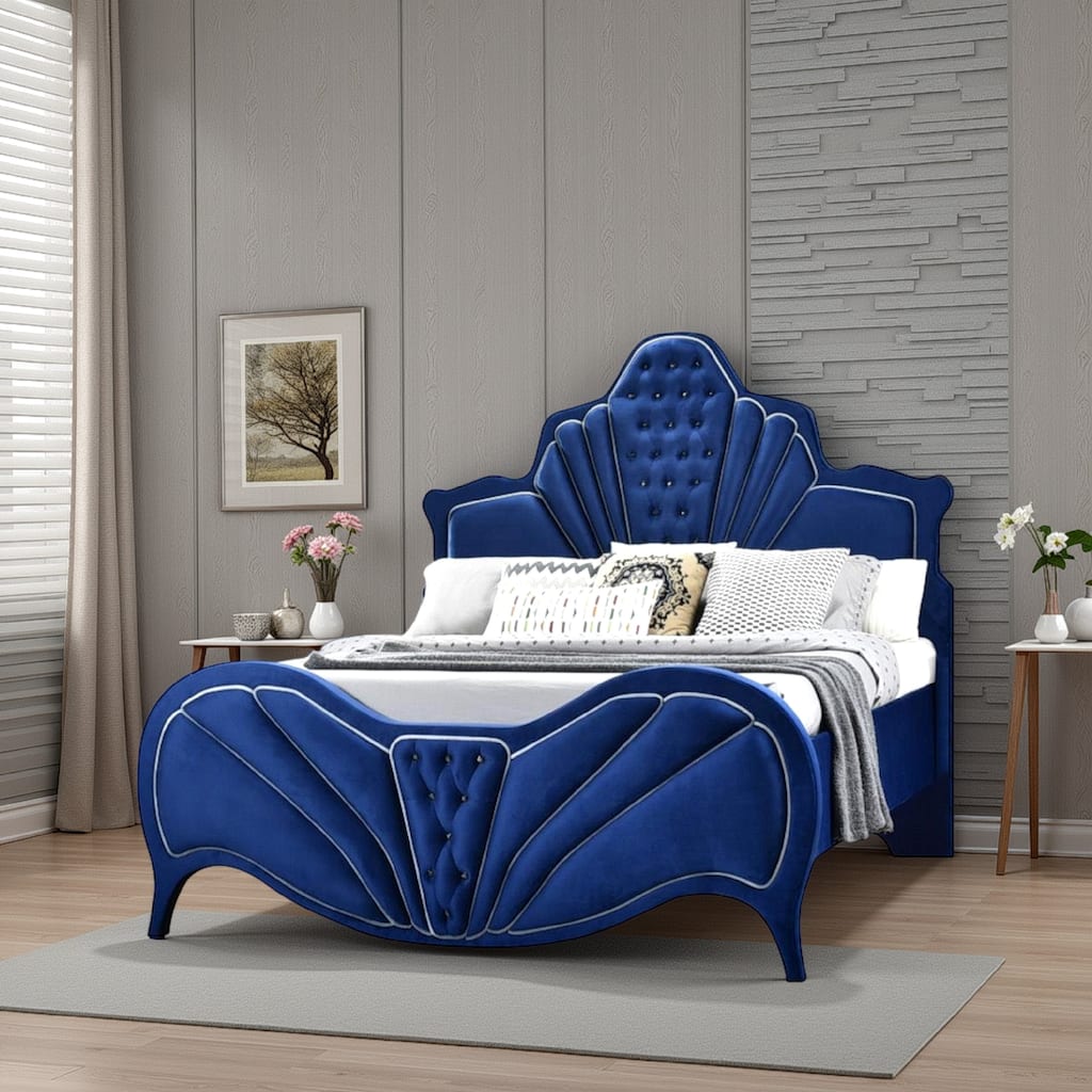 Velvet Upholstered Channel Tufted Queen Bed, Blue