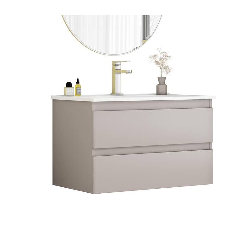 32 Inch Floating Bathroom Vanity with One-piece Ceramic Sink, Wall Mounted Cabinet with 2 Drawers