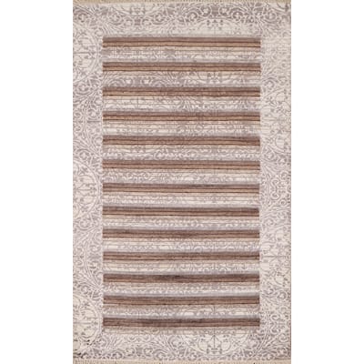 Beige Striped Abstract Accent Rug Handmade Oriental Wool Carpet - 2'9"x 5'0"