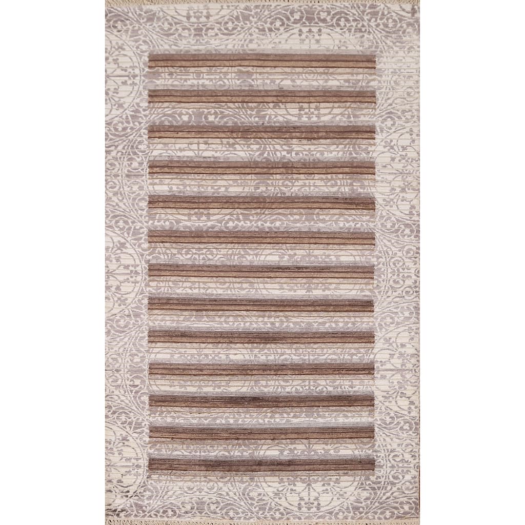 Beige Striped Abstract Accent Rug Handmade Oriental Wool Carpet - 2'9"x 5'0"