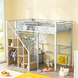 Twin Size Metal Loft Bed with Storage Staircase and Small Wardrobe ...