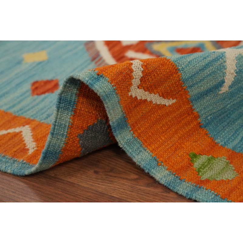 Hand Woven Oriental 100% Wool Carpet Southwestern Tribal Navy Blue & Blues Kilim Runner Rug - 9' 11'' X 2' 10''