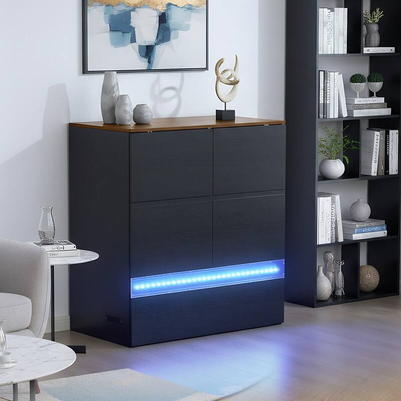 Murphy Bed with Storage Drawer,Smart LED Lighting & Built-in Charging Station, Space-Saving Cabinet Bed for Kids,Adults,Black