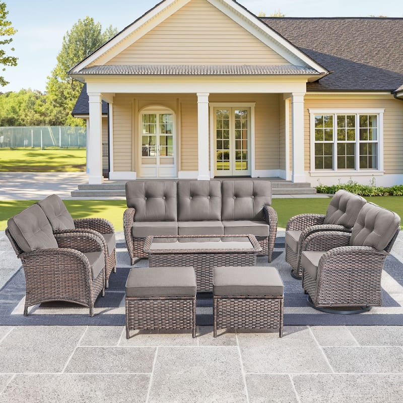 8 Pieces Pocassy Sofa Chairs Ottoman with Swivel Chairs - Brown Wicker & Red Cushion