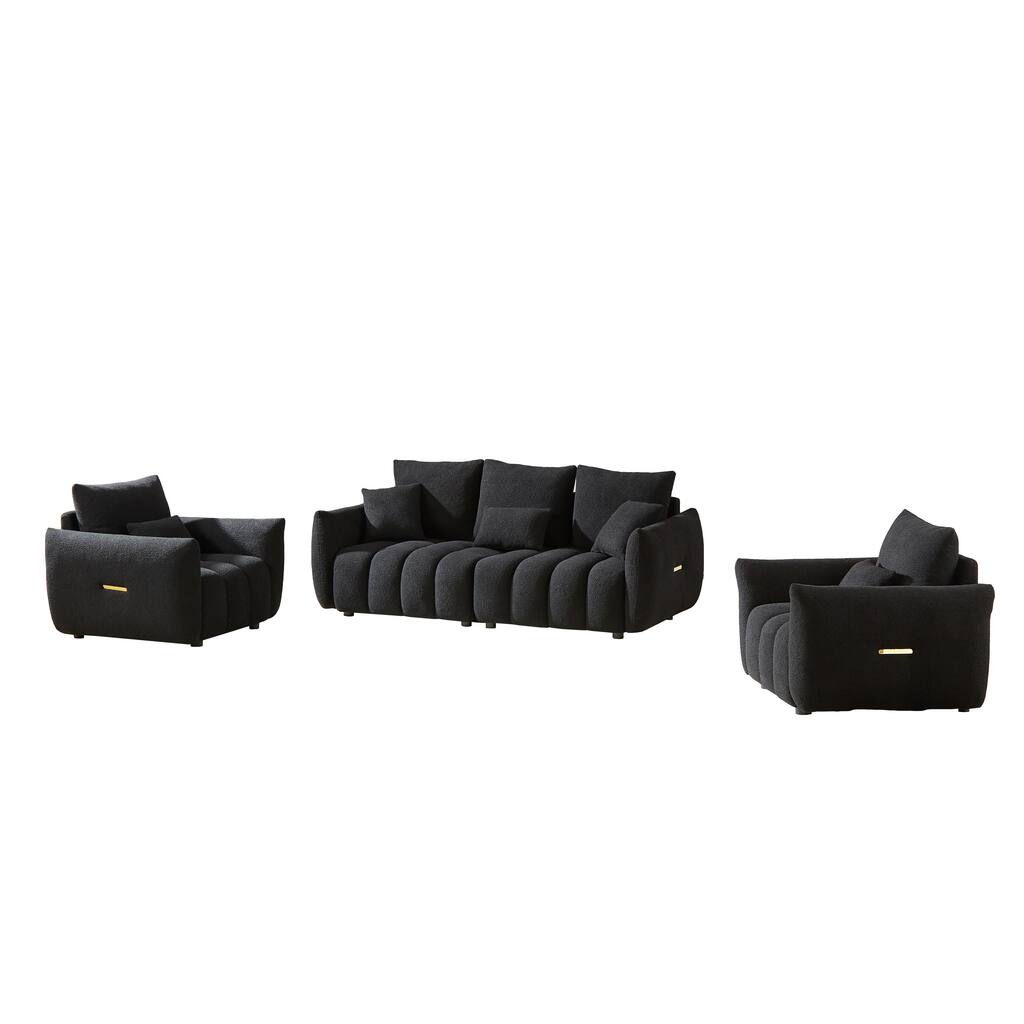 1+1+3 Seater Sofas Set of 3, Teddy Fabric Couches with Wooden Frame and Cushions, Armrests Side with Metal Strip Decorations