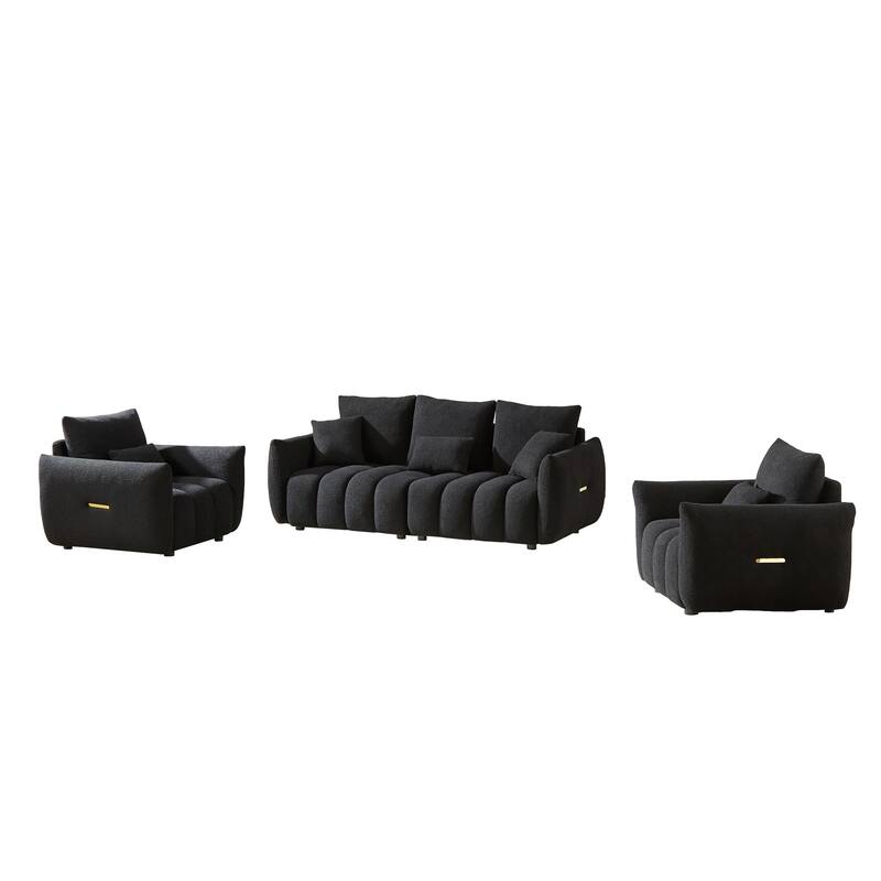 1+1+3 Seater Sofas Set of 3, Teddy Fabric Couches with Wooden Frame and Cushions, Armrests Side with Metal Strip Decorations