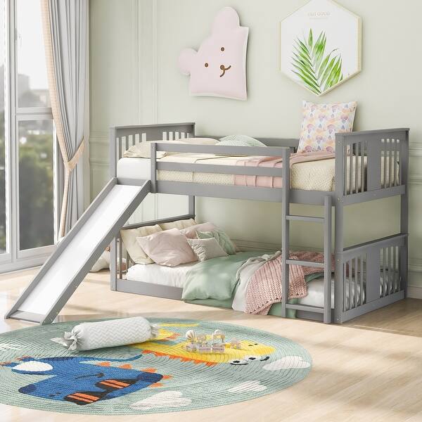 slide 2 of 13, Twin over Twin Wooden Bunk Bed with Slide and Ladder - Stylish & Safe Kids' Bedroom Furniture Light Grey