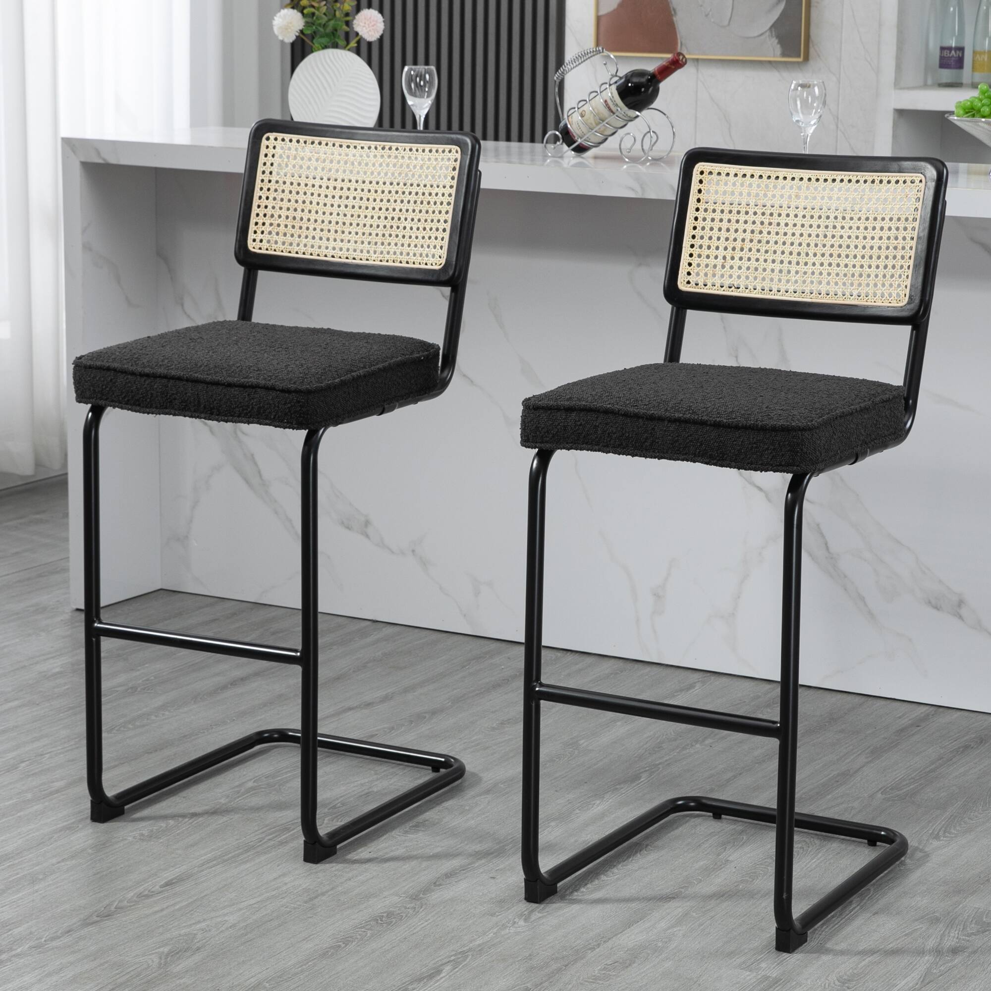 Set of 2 Ayo Black Fabric Bar Stool with Rattan Backrest and Black