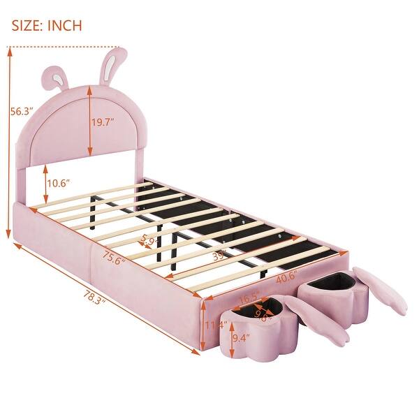 Twin size Cartoon Rabbit Upholstered Platform Bed with 2 Storage Stools