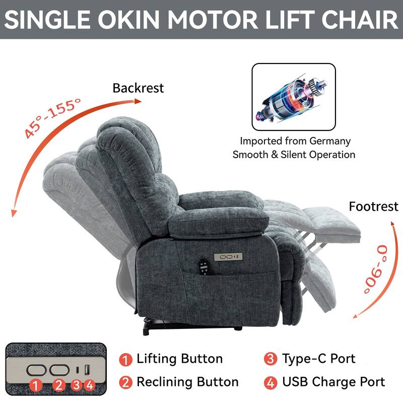 Oversized Power Lift Recliner Chair with Massage, Heat, 8-Point Vibration, Lumbar Heating, USB Port, Dual Side Pockets