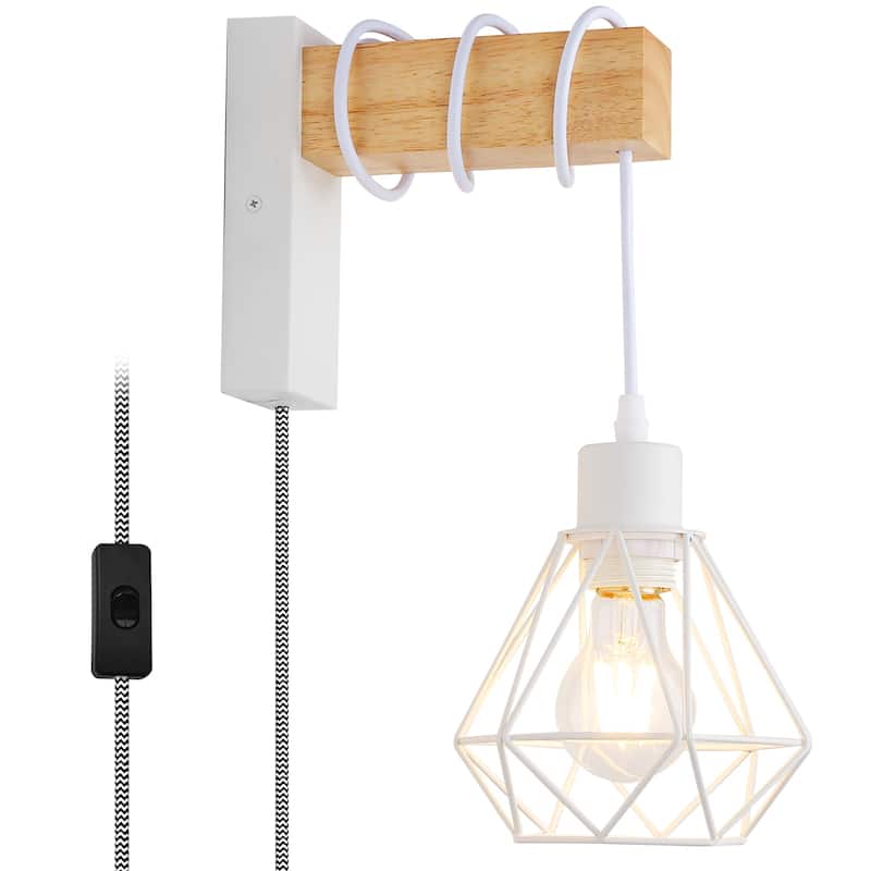 Modern Plug in Wire Wood Cage Black Wall Lamp- Industrial Rustic Retro Pendant Lamp With Adjustable Hanging Wall Lights Fixture