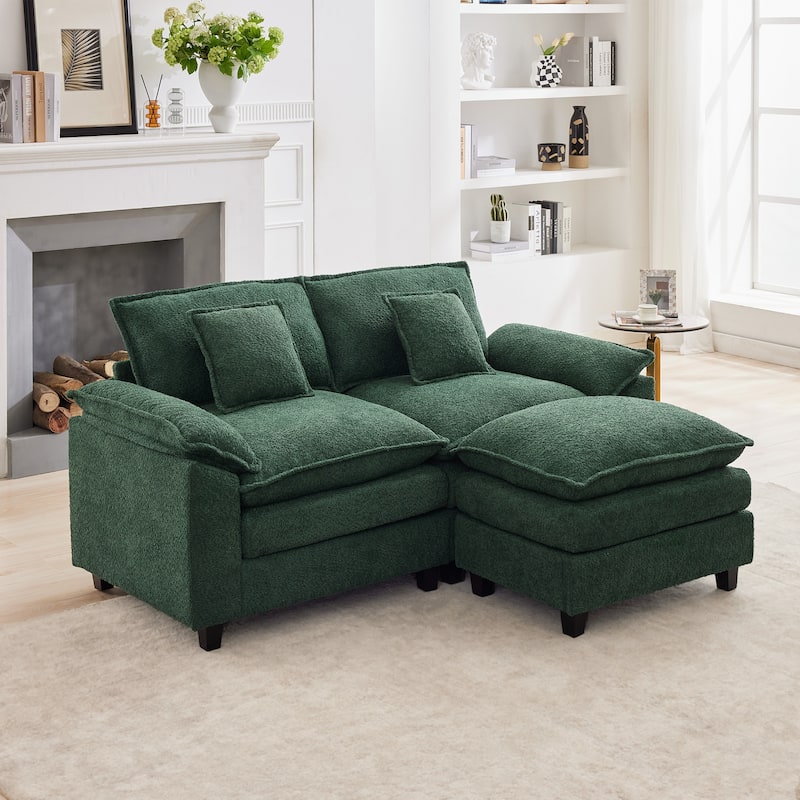78" Comfy Cloud Couch Sectional Loveseat Boucle Sofa With Ottoman and Wide Armrests - Olive