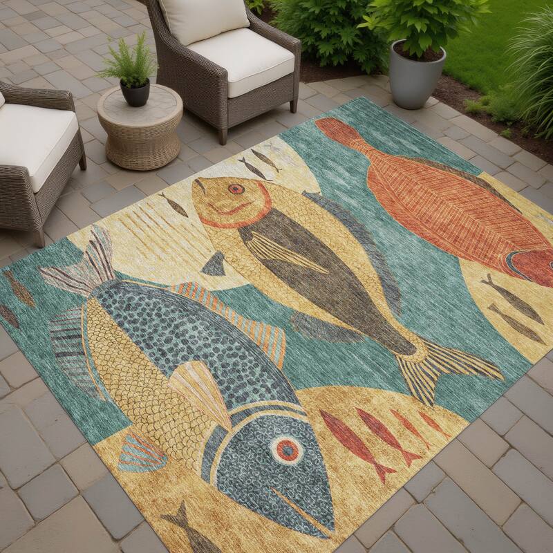 Machine Washable Indoor/ Outdoor Modern Fish Chantille Rug