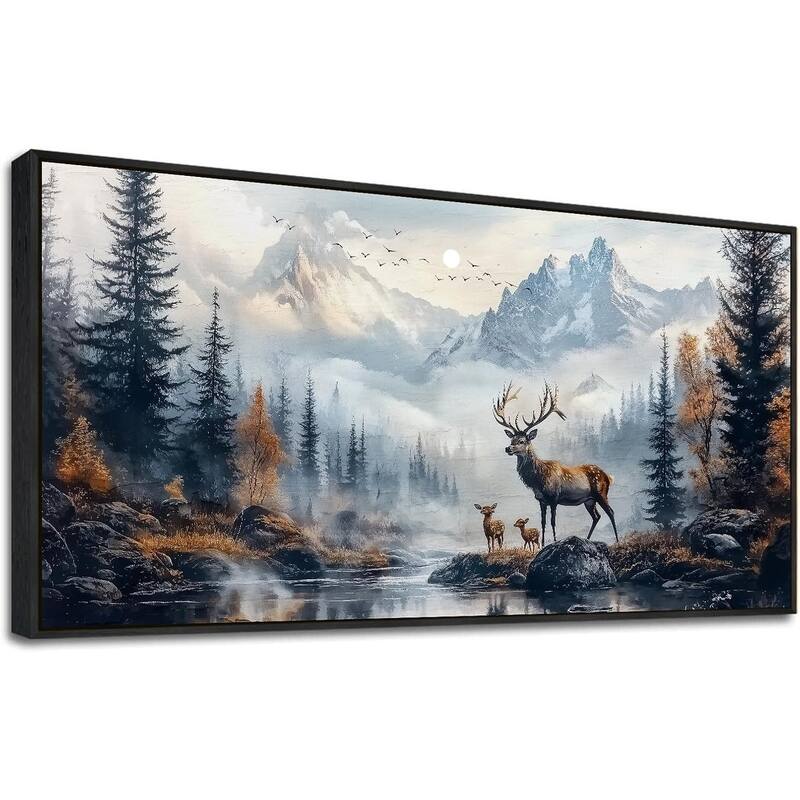 Elk Foggy Mountain Landscape Painting Scenery Stretched and Framed - 20 x 40