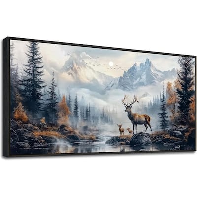 Elk Foggy Mountain Landscape Painting Scenery Stretched and Framed