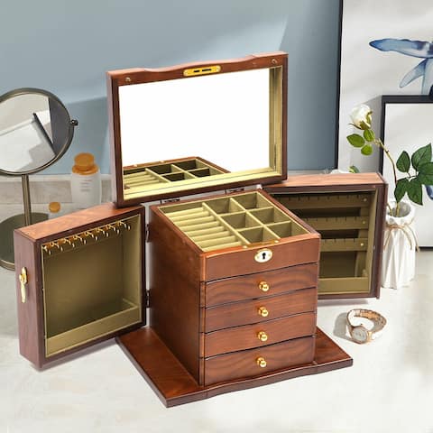 5 Layers Wooden Jewelry Storage Box with Mirror and Lock - 10.62x7.55x9.56inch