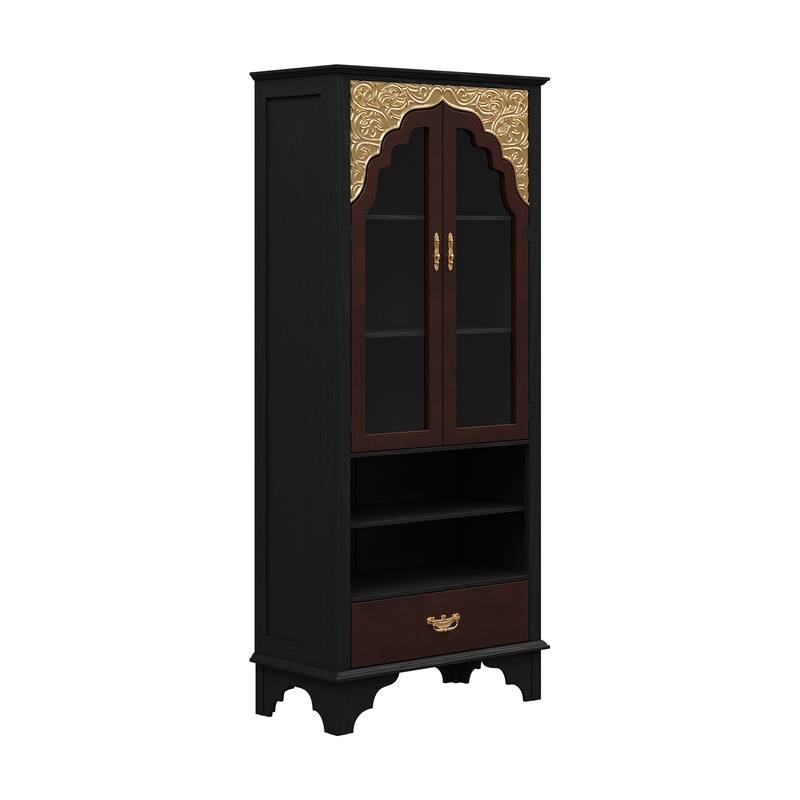 Asian Style Display Cabinet with Glass Doors Accent Curio Cabinet with Drawer Solid Wood and Tempered Glass Storage Shelf