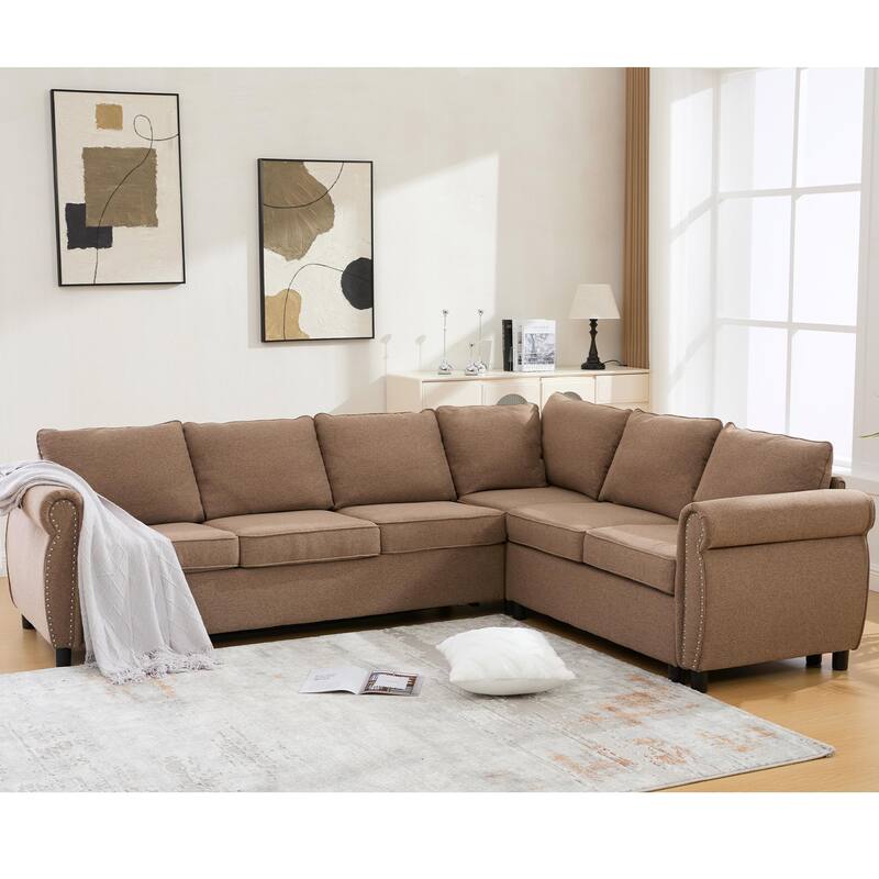 2 in 1 Pull Out 6 Seater L Shaped Sleeper Sectional Sofa Bed, 104" Brown