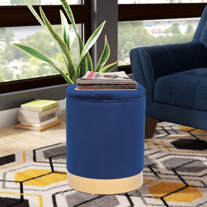 Adeco Round Storage Ottoman Footrest Stool Velvet Gold Plating Base - Blue