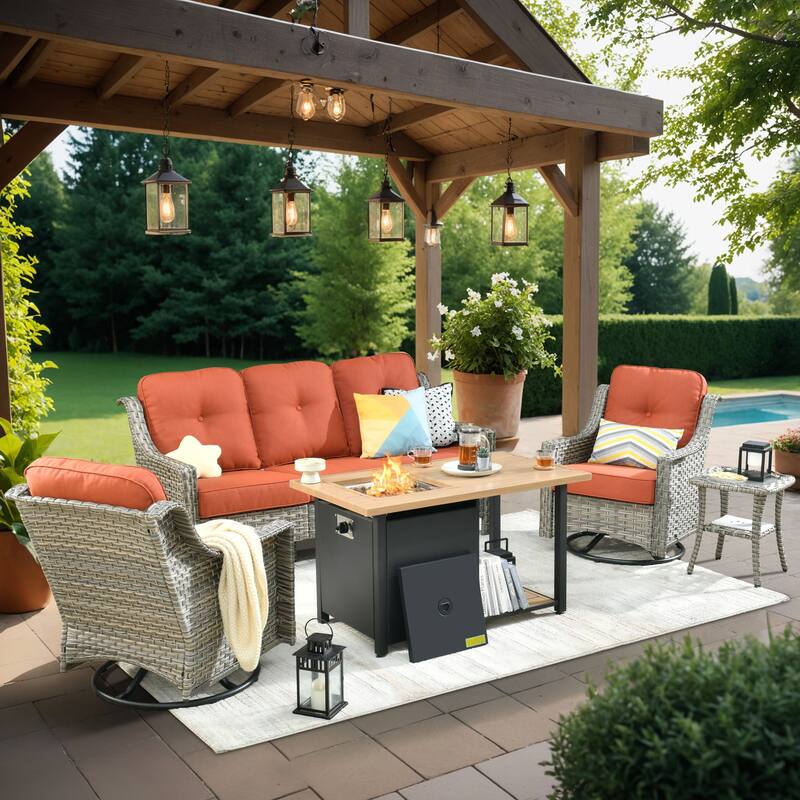 XIZZI 5-piece Patio Furniture Wicker Swivel Rocking Chair Set with Fire Pit - Red