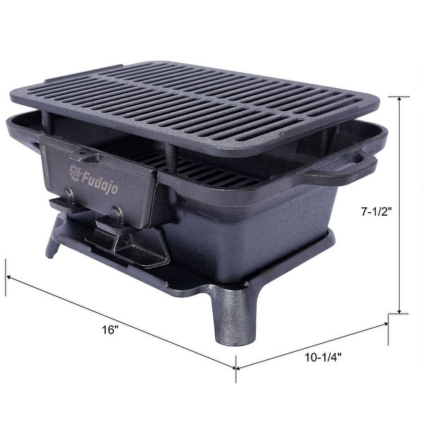 dimension image slide 1 of 2, Oval Cast Iron Portable Outdoor Grill with Carry Handle Charcoal Fueled - 19"L