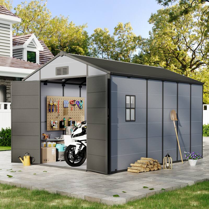 EROMMY Outdoor Storage Shed with Built-In Floor, Lockable Double Doors & Sloped Roof, Gray/Black