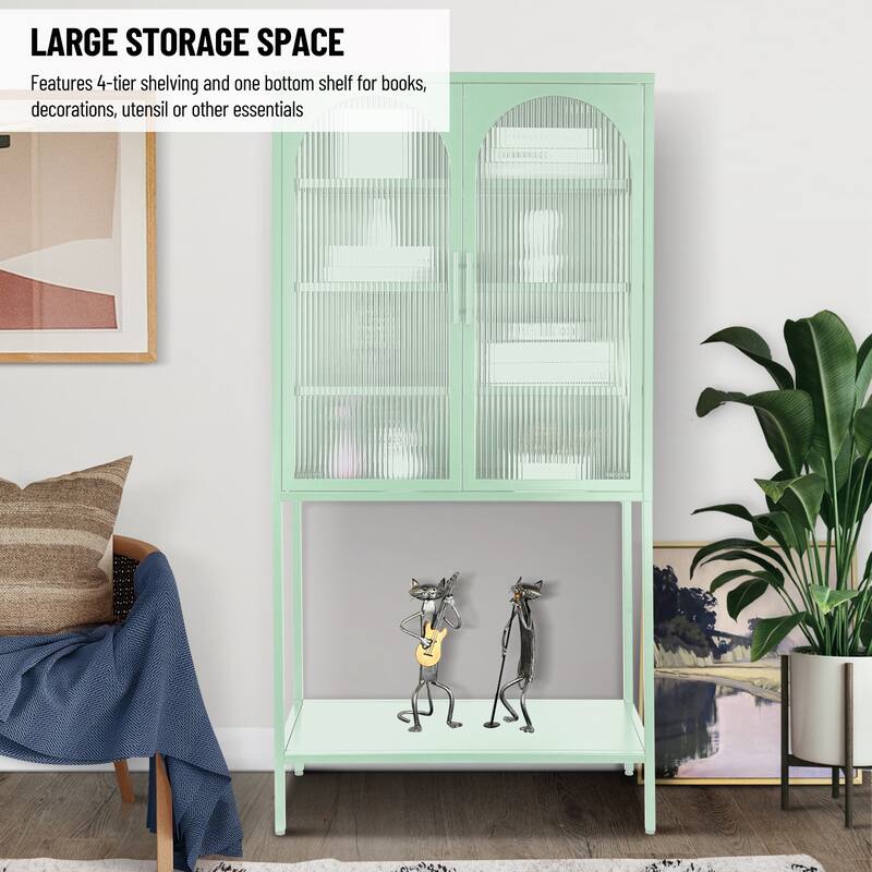 Elegant Floor Cabinet with 2 Glass Arched Doors Living Room Display Cabinet with Adjustable Shelves Anti-Tip Dust-free