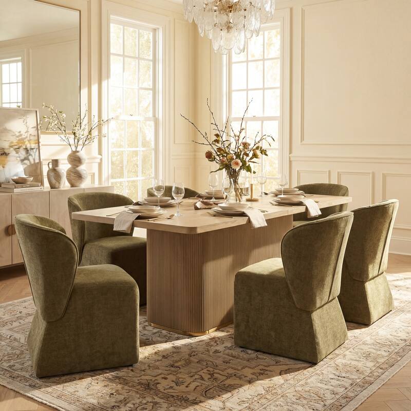 Christopher Knight Home - Forest 7-Piece Upholstered Dining Set with 84" Rectangular Pillar Base Dining Table - Olive Green+Light Ash