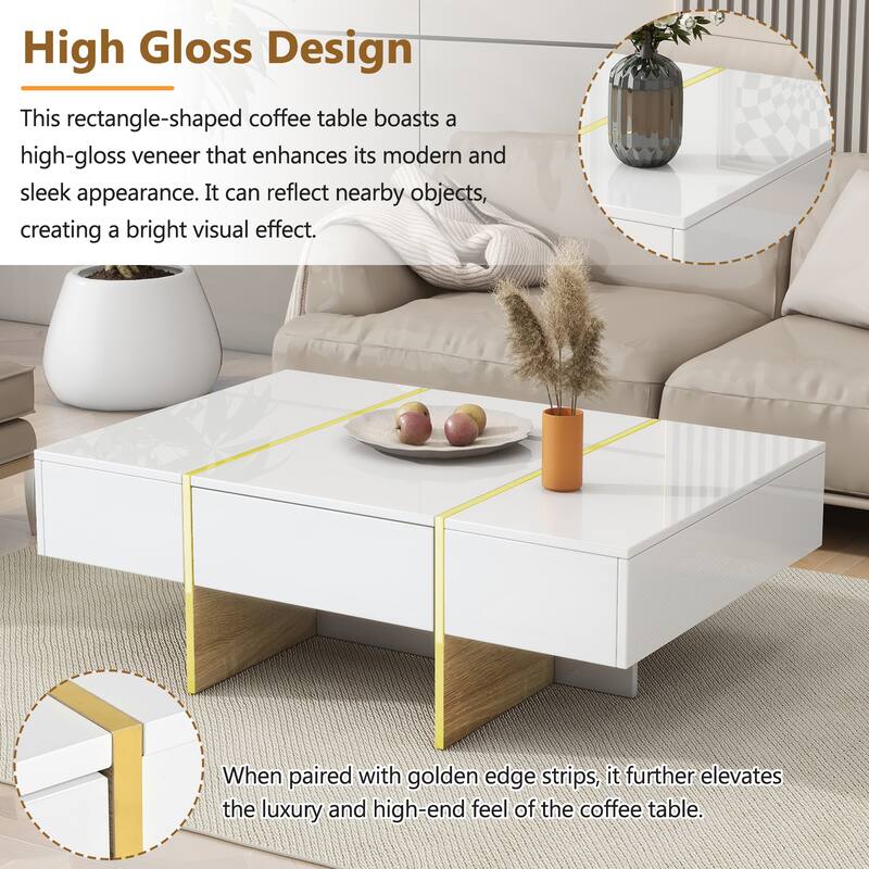 47.2" High Glossy Coffee Table with 2 Drawers and Golden Wood Grain Legs
