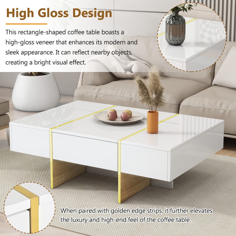 Roomfitters Modern High Gloss Coffee Table with Golden Wood Grain Legs, Rectangle Center Table with Storage
