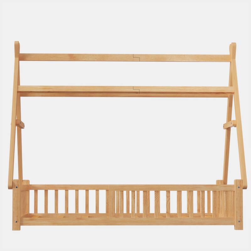 Twin Size Low House Tent Bed with Removable Roof Convertible Floor Bed with Fence, No Door for Kids Boys Girls