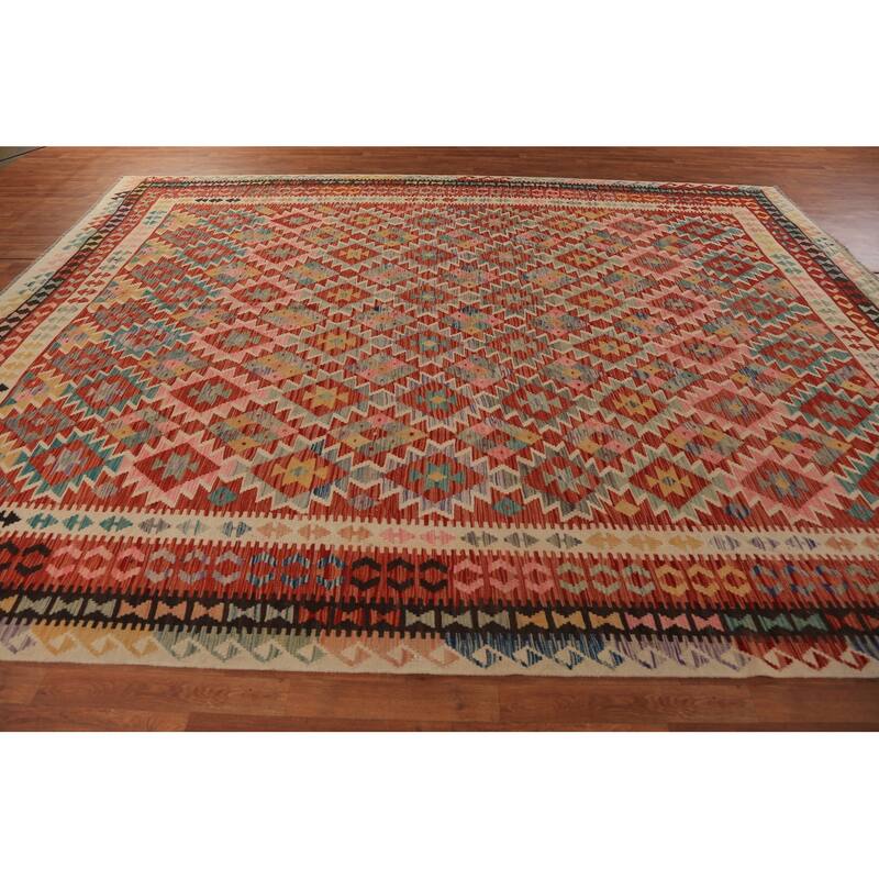 Reversable Trellis Kilim Oriental Area Rug Handmade Wool Carpet - 10'0"x 12'9"