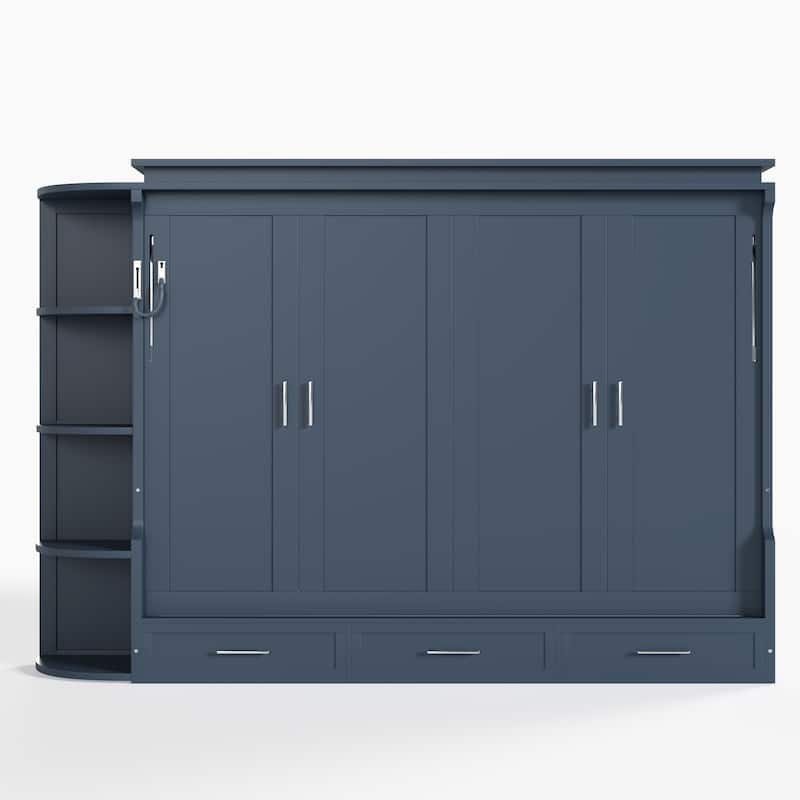 Murphy Platform Bed with Side Cabinets & Drawers, Wall Bed with Shelf for Home Office, Queen or Full