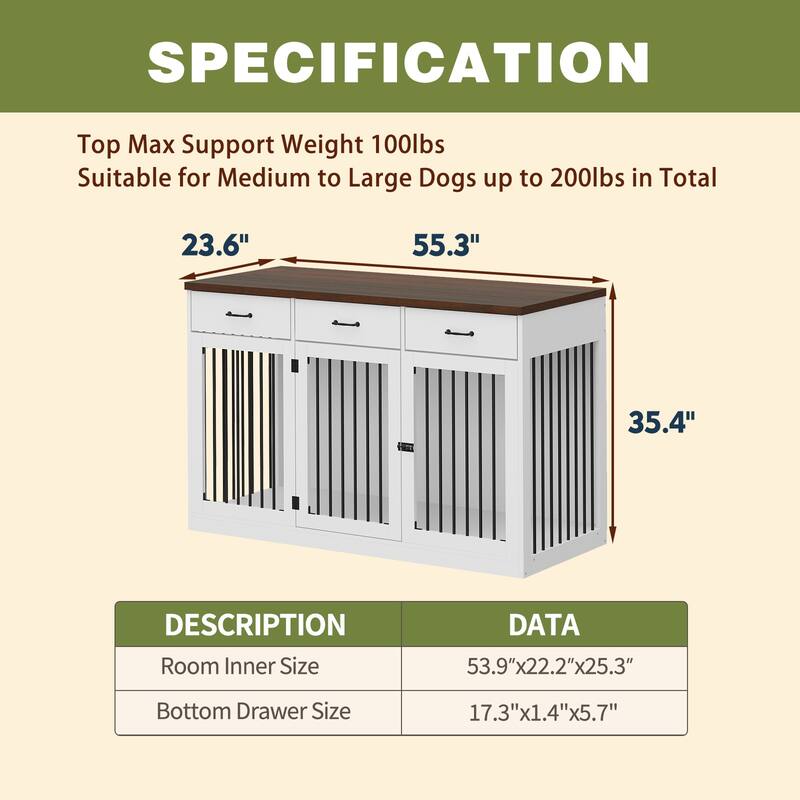 Furniture Style Dog Crate with Storage Drawers, Large Dog Kennel Cabinet with Wood Top, Double Door Pet Crate End Table