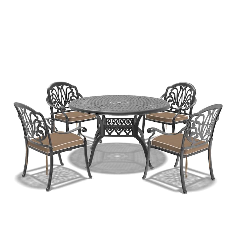 5/7-Piece Cast Aluminum Outdoor Dining Set with 48.03 in. Round Table and Random Color Cushions