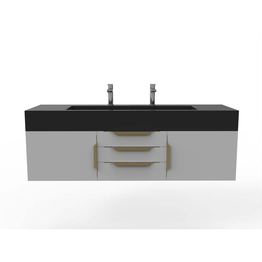 Nile 60" Wall Mounted Bathroom Vanity Set with Black Solid Surface Top