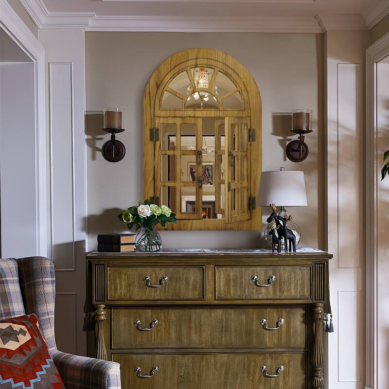 Arched Wood Framed Windowpane Accent Mirror Wall Mirror