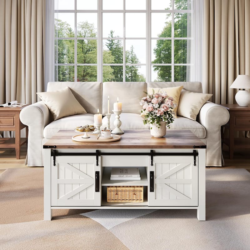 Farmhouse lift-top Coffee Table, Hidden Storage, Rustic Center Table - Antique White